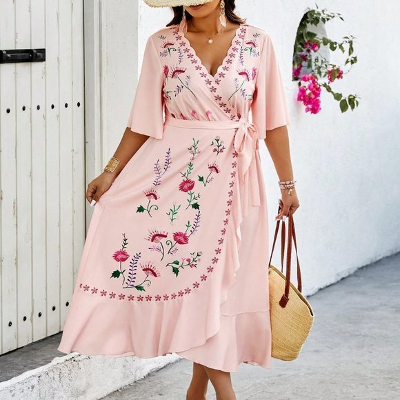 Pink Boho Women's Wrap Design Dress With Floral Print - Picture 3 of 5